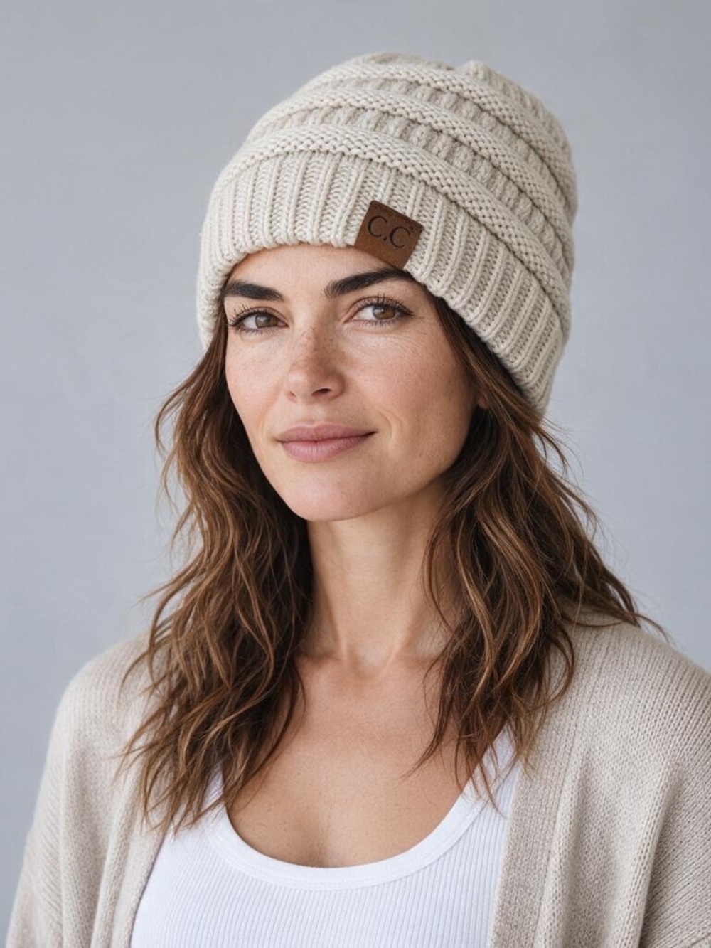 C.C. Beige Textured Knit Beanie Winter Hat